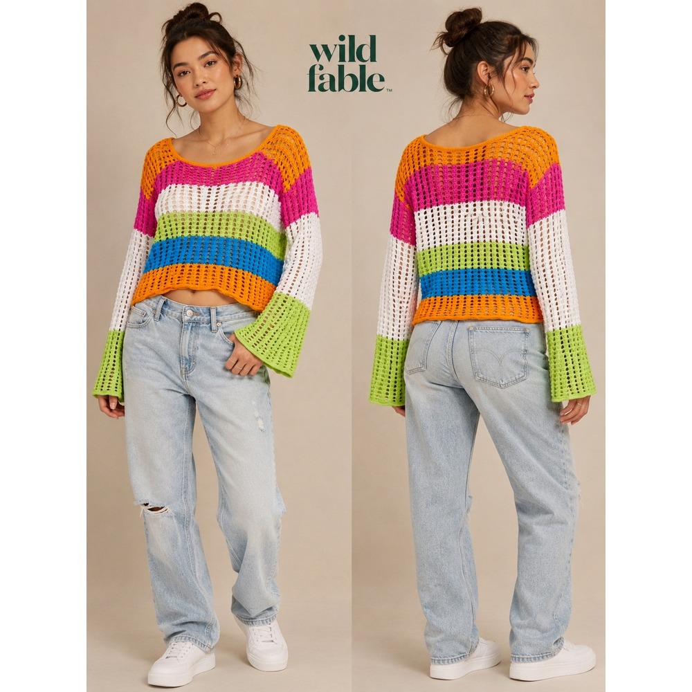 Wild Fable Rainbow Crochet Striped Crop Sweater Bell Sleeve Cotton Size Large